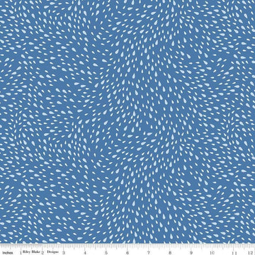 Image of the Cloudburst Rain Blue quilting cotton fabric by Riley Blake Designs. Features raindrops on a blue background. Cute Little Fabric Shop
