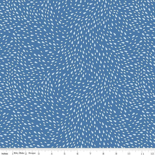 Image of the Cloudburst Rain Blue quilting cotton fabric by Riley Blake Designs. Features raindrops on a blue background. Cute Little Fabric Shop