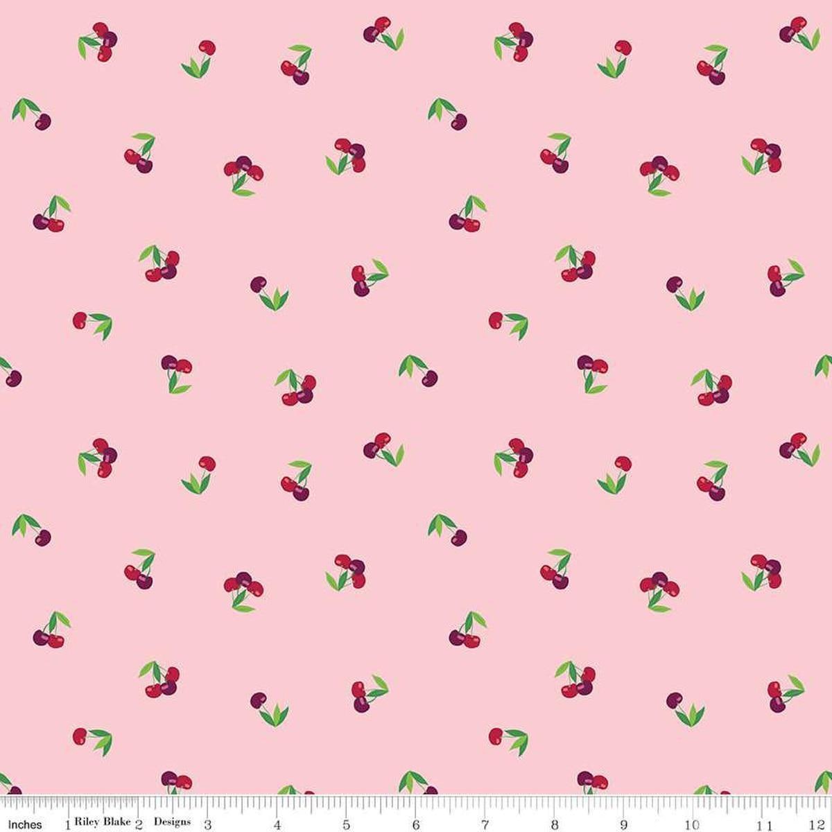 Image of the Cloudburst Cherries Pink quilting cotton fabric by Riley Blake Designs. Features cherries on a pink background. Cute Little Fabric Shop