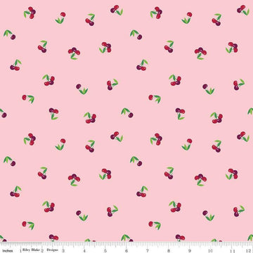 Image of the Cloudburst Cherries Pink quilting cotton fabric by Riley Blake Designs. Features cherries on a pink background. Cute Little Fabric Shop