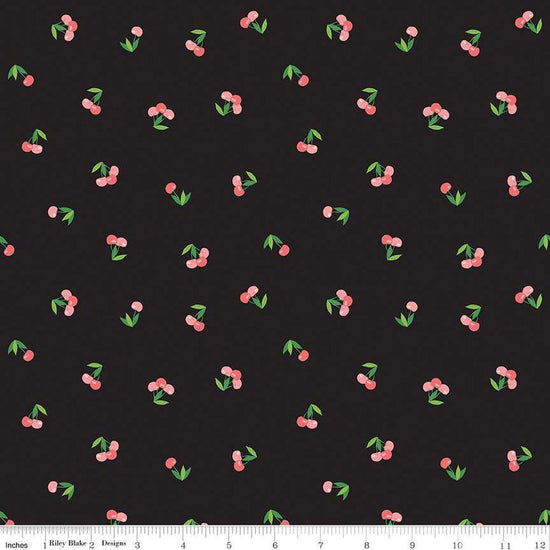 Image of the Cloudburst Cherries Black quilting cotton fabric by Riley Blake Designs. Features cherries on a black background. Cute Little Fabric Shop