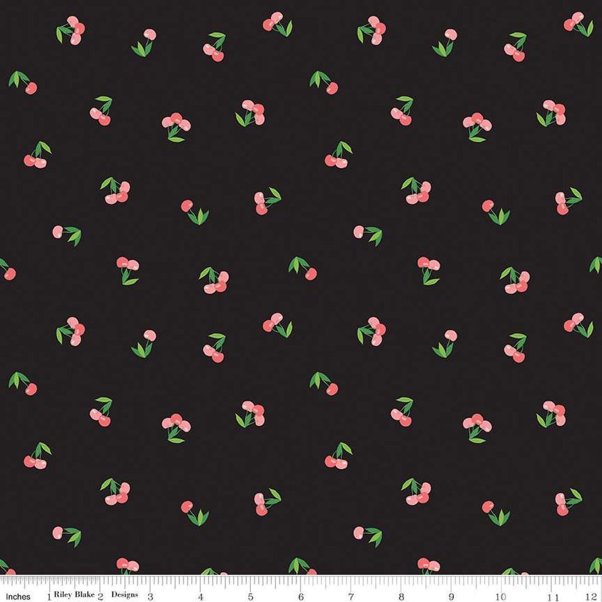 Image of the Cloudburst Cherries Black quilting cotton fabric by Riley Blake Designs. Features cherries on a black background. Cute Little Fabric Shop