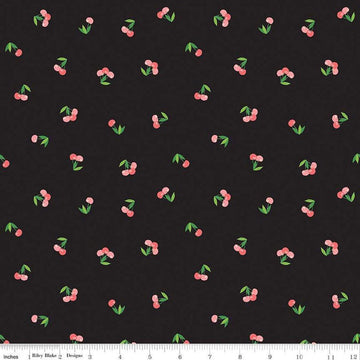 Image of the Cloudburst Cherries Black quilting cotton fabric by Riley Blake Designs. Features cherries on a black background. Cute Little Fabric Shop