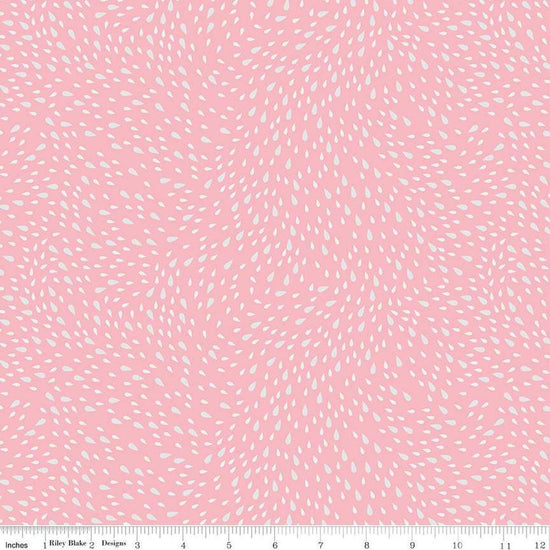 Image of the Cloudburst Rain Pink quilting cotton fabric by Riley Blake Designs. Features raindrops on a pink background. Cute Little Fabric Shop