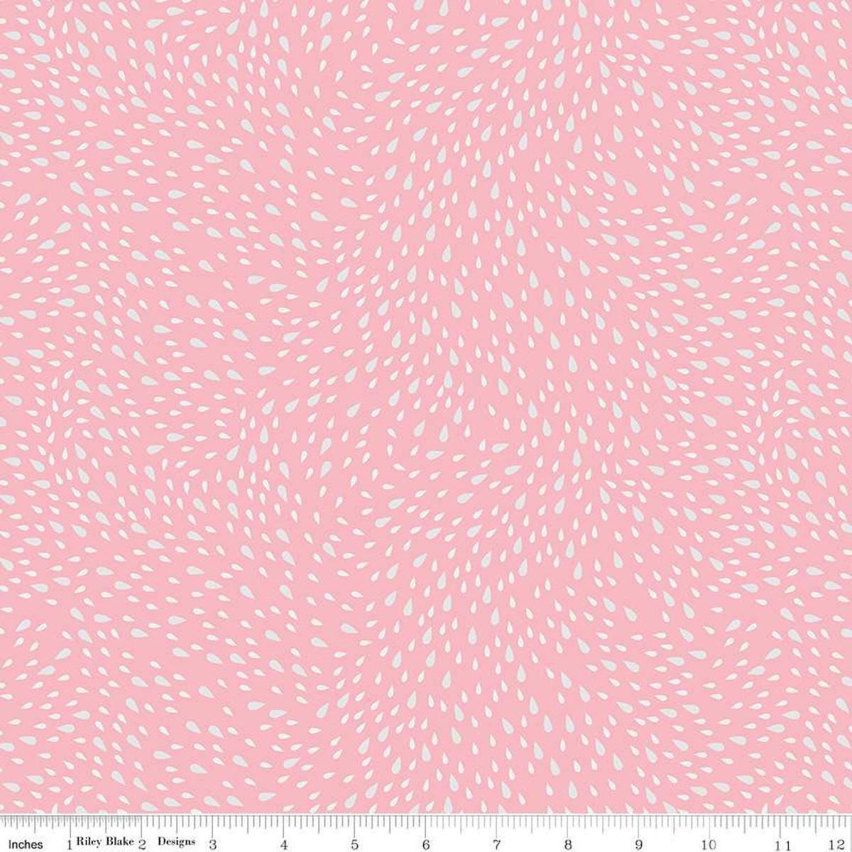 Image of the Cloudburst Rain Pink quilting cotton fabric by Riley Blake Designs. Features raindrops on a pink background. Cute Little Fabric Shop