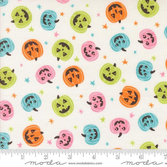 Image of the Fab Boo Lous Ghostly quilting cotton fabric. Features pumpkins on a white background. Cute Little Fabric Shop