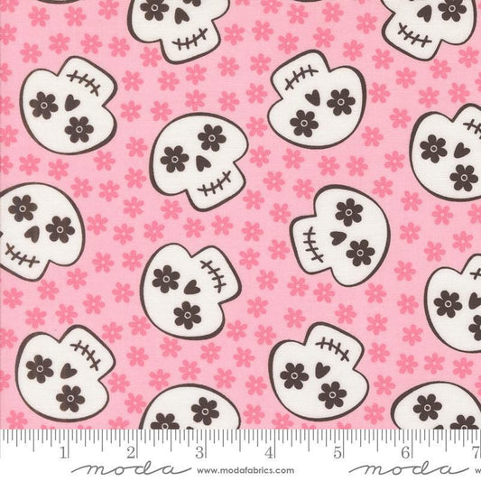 Image of the Fab Boo Lous Skull Pink Candy quilting cotton fabric. Features skulls on a pink background. Cute Little Fabric Shop