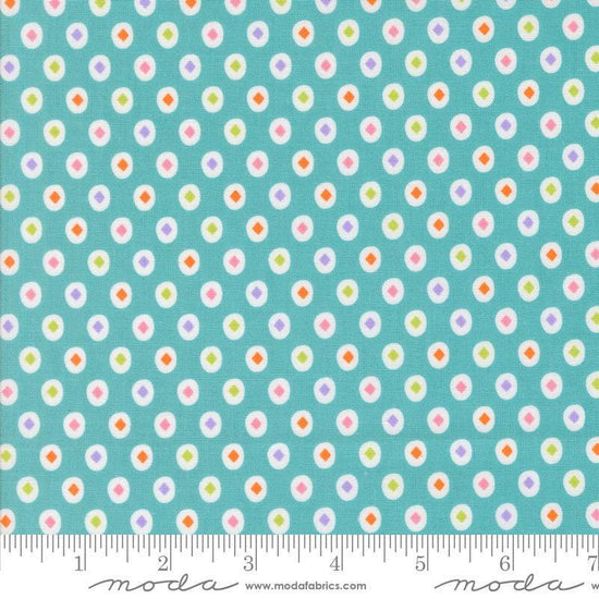 Image of the Fab Boo Lous Diamond Teal quilting cotton fabric. Features diamonds on a teal background. Cute Little Fabric Shop