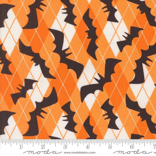 Image of the Fab Boo Lous Bats Pumpkin quilting cotton fabric. Features bats on an orange background. Cute Little Fabric Shop