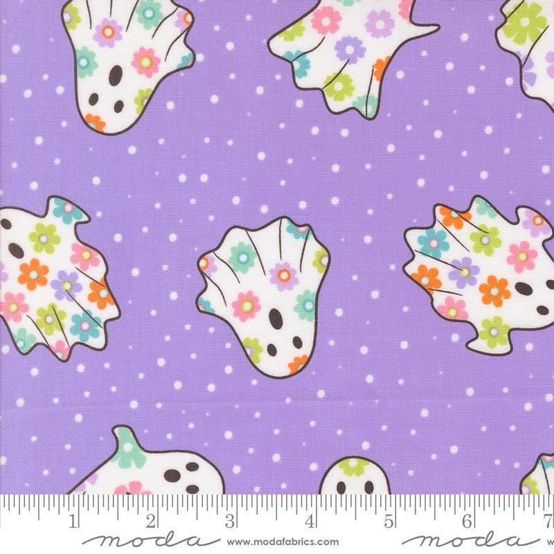 Image of the Fab Boo Lous Ghosts Grape Soda quilting cotton fabric. Features dots on a pink background. Cute Little Fabric Shop