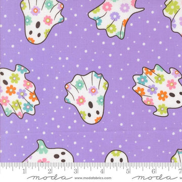 Image of the Fab Boo Lous Ghosts Grape Soda quilting cotton fabric. Features dots on a pink background. Cute Little Fabric Shop
