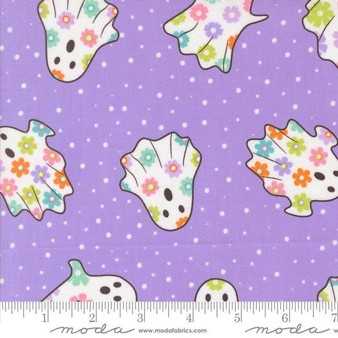 Image of the Fab Boo Lous Ghosts Grape Soda quilting cotton fabric. Features dots on a pink background. Cute Little Fabric Shop