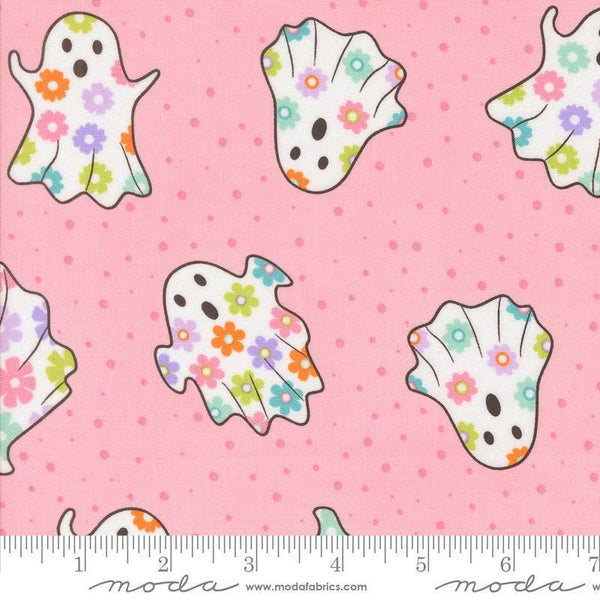 Image of the Fab Boo Lous Ghosts Candy Pink quilting cotton fabric. Features dots on a pink background. Cute Little Fabric Shop