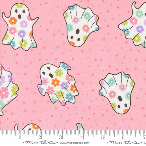 Image of the Fab Boo Lous Ghosts Candy Pink quilting cotton fabric. Features dots on a pink background. Cute Little Fabric Shop