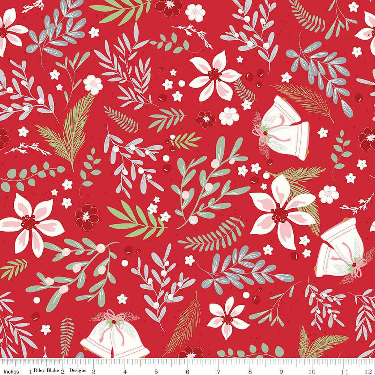 Image of the Mistletoe & Holly Main Red quilting cotton fabric by Riley Blake Designs. Features icons on a red background. Cute Little Fabric Shop