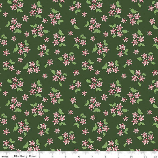 Image of the Mistletoe & Holly Floral Forest quilting cotton fabric by Riley Blake Designs. Features flowers on a green background. Cute Little Fabric Shop