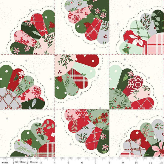 Image of the Mistletoe & Holly Dresden Fan Cheater Print Cloud quilting cotton fabric by Riley Blake Designs. Features cheater prints on a cream background. Cute Little Fabric Shop