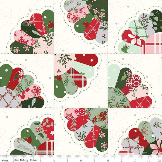 Image of the Mistletoe & Holly Dresden Fan Cheater Print Cloud quilting cotton fabric by Riley Blake Designs. Features cheater prints on a cream background. Cute Little Fabric Shop