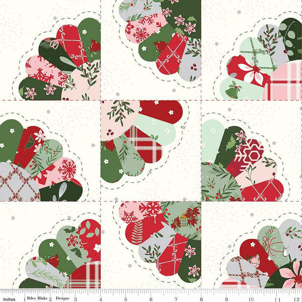 Image of the Mistletoe & Holly Dresden Fan Cheater Print Cloud quilting cotton fabric by Riley Blake Designs. Features cheater prints on a cream background. Cute Little Fabric Shop