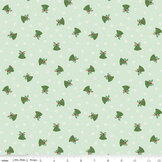 Image of the Mistletoe & Holly Mistle Scattered Bells Hint of Mint quilting cotton fabric by Riley Blake Designs. Features bells on a green background. Cute Little Fabric Shop