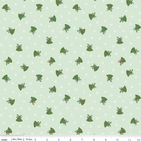Image of the Mistletoe & Holly Mistle Scattered Bells Hint of Mint quilting cotton fabric by Riley Blake Designs. Features bells on a green background. Cute Little Fabric Shop