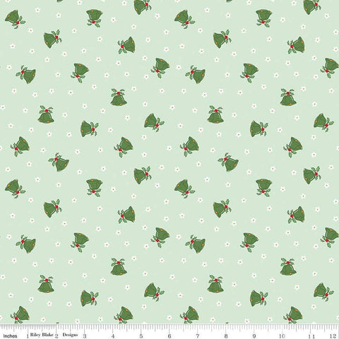 Image of the Mistletoe & Holly Mistle Scattered Bells Hint of Mint quilting cotton fabric by Riley Blake Designs. Features bells on a green background. Cute Little Fabric Shop