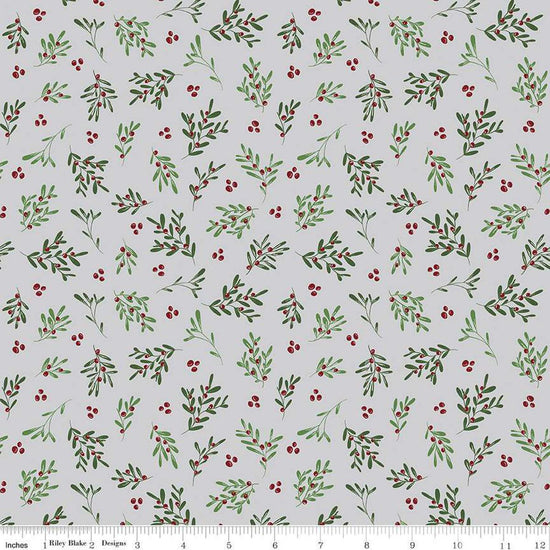Image of the Mistletoe & Holly Mistletoe Silver quilting cotton fabric by Riley Blake Designs. Features leaves on a gray background. Cute Little Fabric Shop