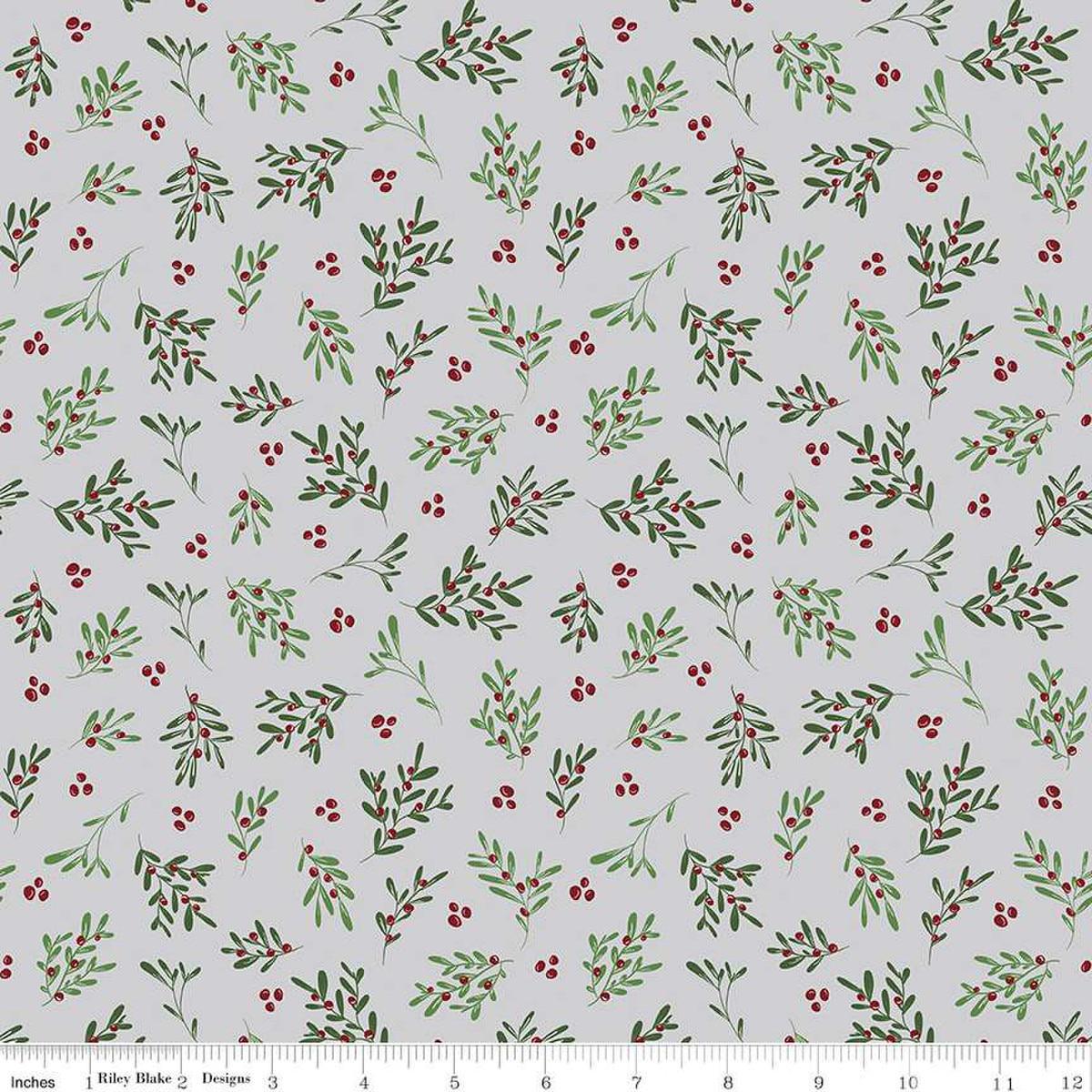 Image of the Mistletoe & Holly Mistletoe Silver quilting cotton fabric by Riley Blake Designs. Features leaves on a gray background. Cute Little Fabric Shop