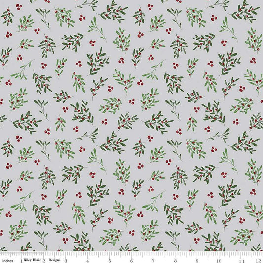 Image of the Mistletoe & Holly Mistletoe Silver quilting cotton fabric by Riley Blake Designs. Features leaves on a gray background. Cute Little Fabric Shop