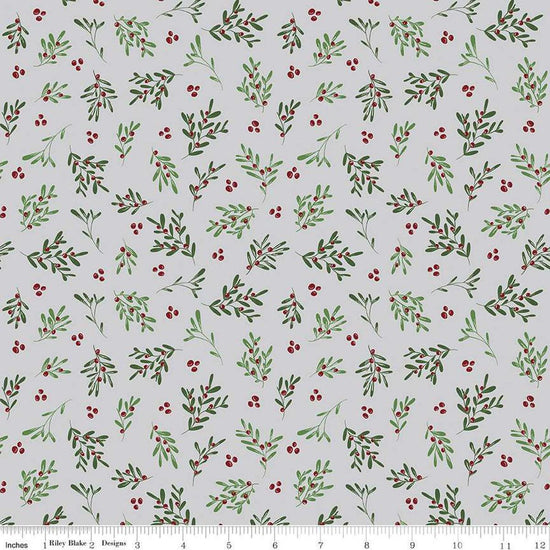 Image of the Mistletoe & Holly Mistletoe Silver quilting cotton fabric by Riley Blake Designs. Features leaves on a gray background. Cute Little Fabric Shop