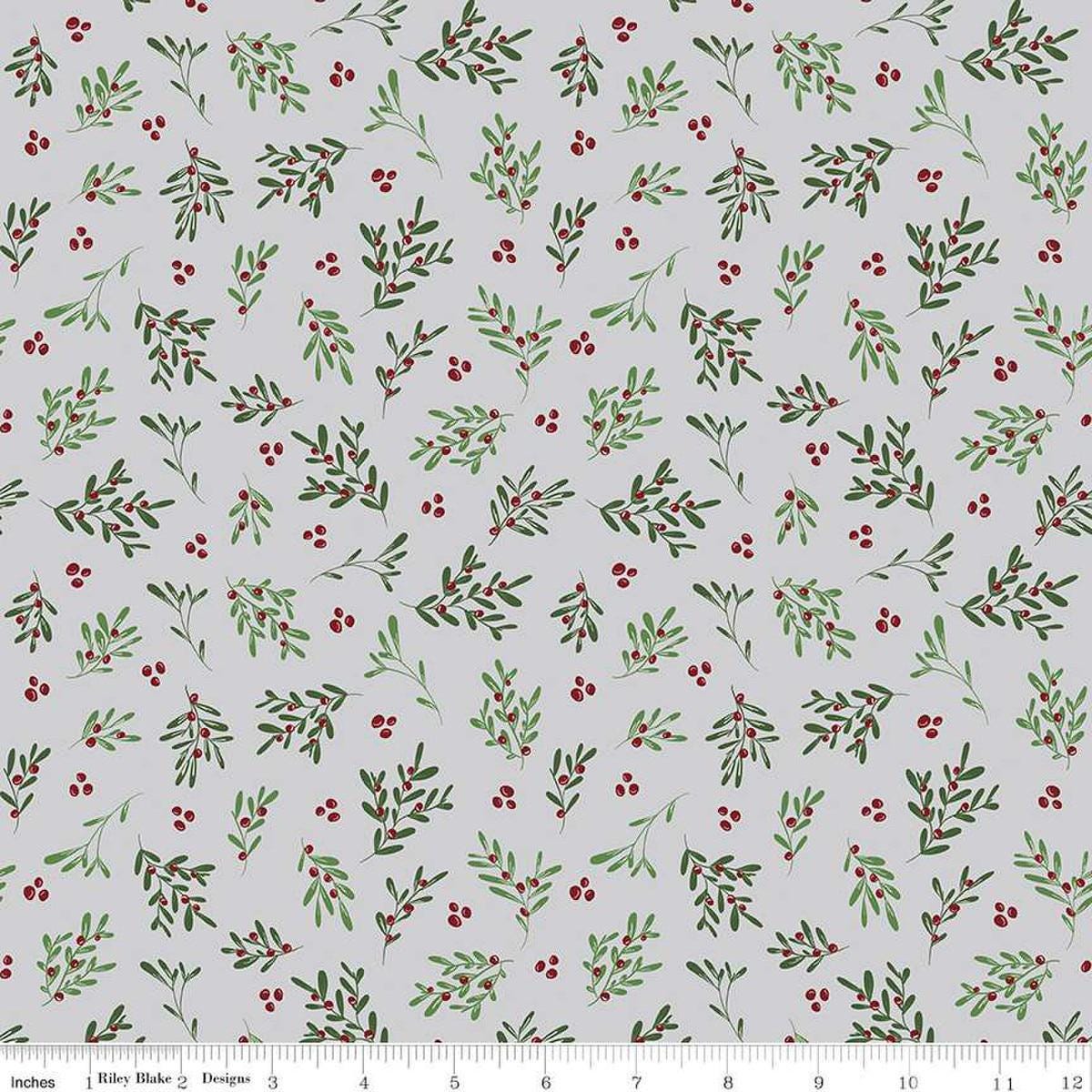 Image of the Mistletoe & Holly Mistletoe Silver quilting cotton fabric by Riley Blake Designs. Features leaves on a gray background. Cute Little Fabric Shop