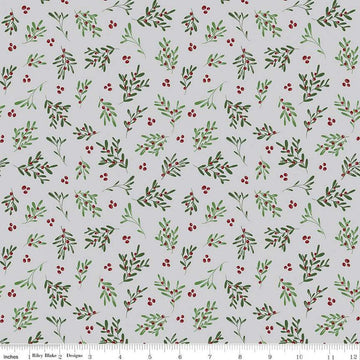 Image of the Mistletoe & Holly Mistletoe Silver quilting cotton fabric by Riley Blake Designs. Features leaves on a gray background. Cute Little Fabric Shop