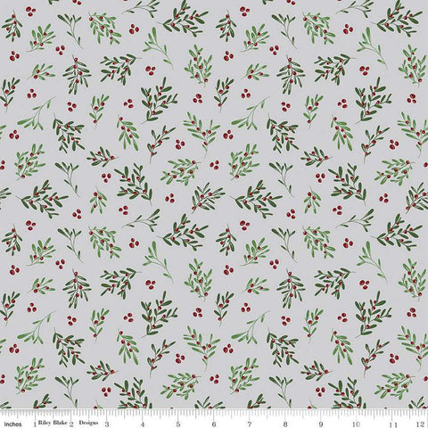 Image of the Mistletoe & Holly Mistletoe Silver quilting cotton fabric by Riley Blake Designs. Features leaves on a gray background. Cute Little Fabric Shop