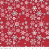 Image of the Mistletoe & Holly Snowflakes Barn Red quilting cotton fabric by Riley Blake Designs. Features snowflakes on a red background. Cute Little Fabric Shop