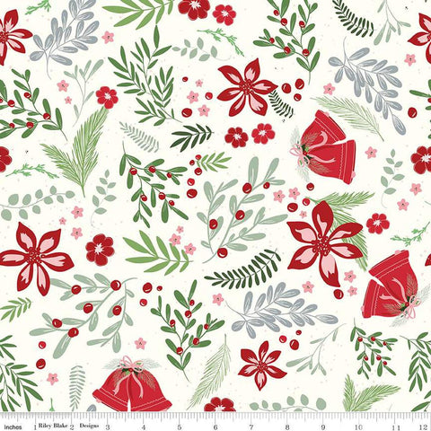 Image of the Mistletoe & Holly Main Cloud quilting cotton fabric by Riley Blake Designs. Features icons on a cream background. Cute Little Fabric Shop