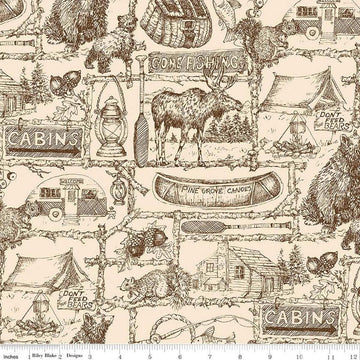 3-Yard cut- Pine Grove Outlines WIDEBACK WB15938 Putty - Riley Blake - 107/108" - Outdoors Icons Text - Quilting Cotton Fabric