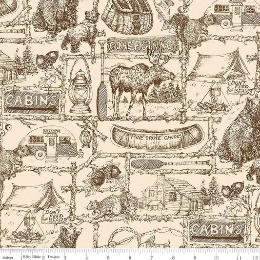 3-Yard cut- Pine Grove Outlines WIDEBACK WB15938 Putty - Riley Blake - 107/108" - Outdoors Icons Text - Quilting Cotton Fabric