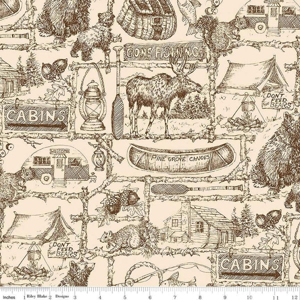 2 yard 32" End of Bolt - Pine Grove Outlines WIDE BACK WB15938 Putty - Riley Blake - 107/108" - Outdoors Icons Text - Quilting Cotton Fabric