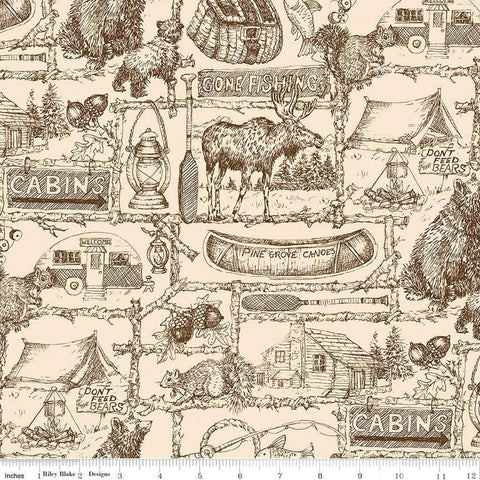 2 yard 32" End of Bolt - Pine Grove Outlines WIDE BACK WB15938 Putty - Riley Blake - 107/108" - Outdoors Icons Text - Quilting Cotton Fabric