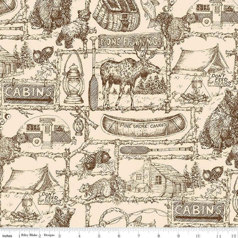 3 yard cut- Pine Grove Outlines WIDE BACK WB15938 Putty - Riley Blake - 107/108" - Outdoors Icons Text - Quilting Cotton Fabric
