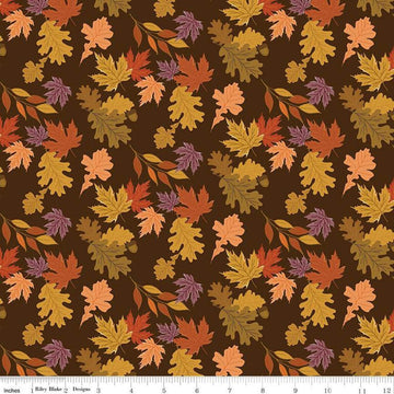 Image of the Awe of Autumn Leaves Brown quilting cotton fabric by Riley Blake Designs. Features leaves on a brown background. Cute Little Fabric Shop