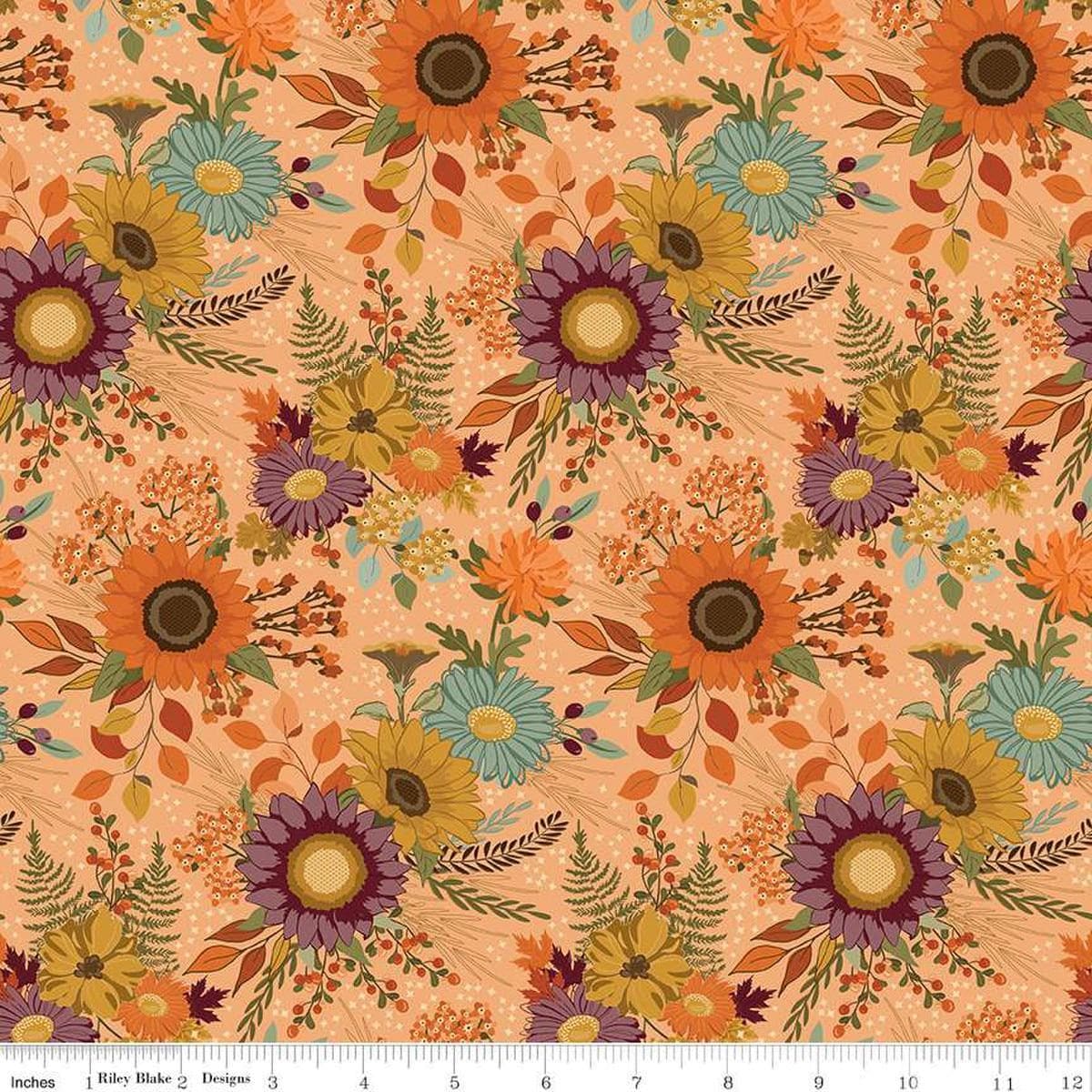 Image of the Awe of Autumn Main Orange quilting cotton fabric by Riley Blake Designs. Features flowers on an orange background. Cute Little Fabric Shop