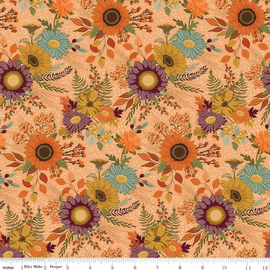 Image of the Awe of Autumn Main Orange quilting cotton fabric by Riley Blake Designs. Features flowers on an orange background. Cute Little Fabric Shop