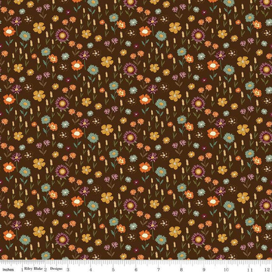 Image of the Awe of Autumn Floral Brown quilting cotton fabric by Riley Blake Designs. Features flowers on a brown background. Cute Little Fabric Shop