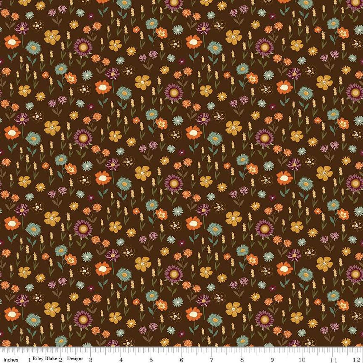 Image of the Awe of Autumn Floral Brown quilting cotton fabric by Riley Blake Designs. Features flowers on a brown background. Cute Little Fabric Shop
