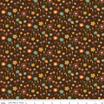 Image of the Awe of Autumn Floral Brown quilting cotton fabric by Riley Blake Designs. Features flowers on a brown background. Cute Little Fabric Shop