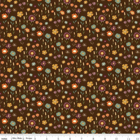 Image of the Awe of Autumn Floral Brown quilting cotton fabric by Riley Blake Designs. Features flowers on a brown background. Cute Little Fabric Shop