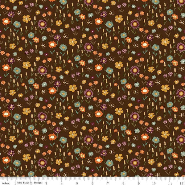 Image of the Awe of Autumn Floral Brown quilting cotton fabric by Riley Blake Designs. Features flowers on a brown background. Cute Little Fabric Shop