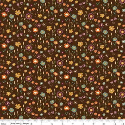 Image of the Awe of Autumn Floral Brown quilting cotton fabric by Riley Blake Designs. Features flowers on a brown background. Cute Little Fabric Shop