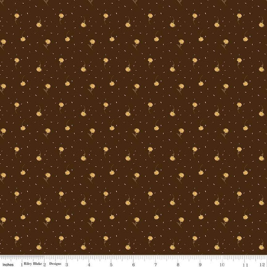 Image of the Awe of Autumn Flower Toss Brown quilting cotton fabric by Riley Blake Designs. Features flowers on a brown background. Cute Little Fabric Shop